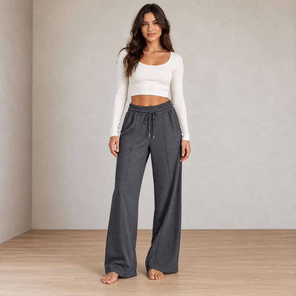 Women's Wide-Leg Sweatpants - High Waist Drawstring Lounge Pants with Pockets - Charcoal