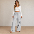 Women's Wide-Leg Sweatpants - High Waist Drawstring Lounge Pants with Pockets - Light Gray