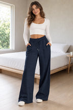 Women's Wide-Leg Sweatpants - High Waist Drawstring Lounge Pants with Pockets - Navy