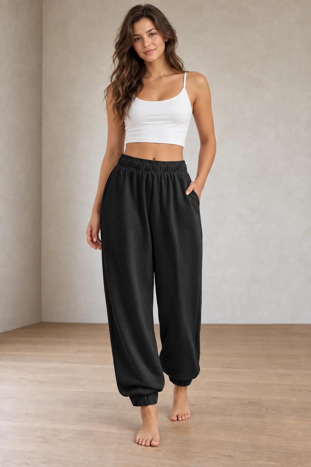 Women's Jogger Sweatpants - High Waist Baggy Lounge Pants with Pockets - Black
