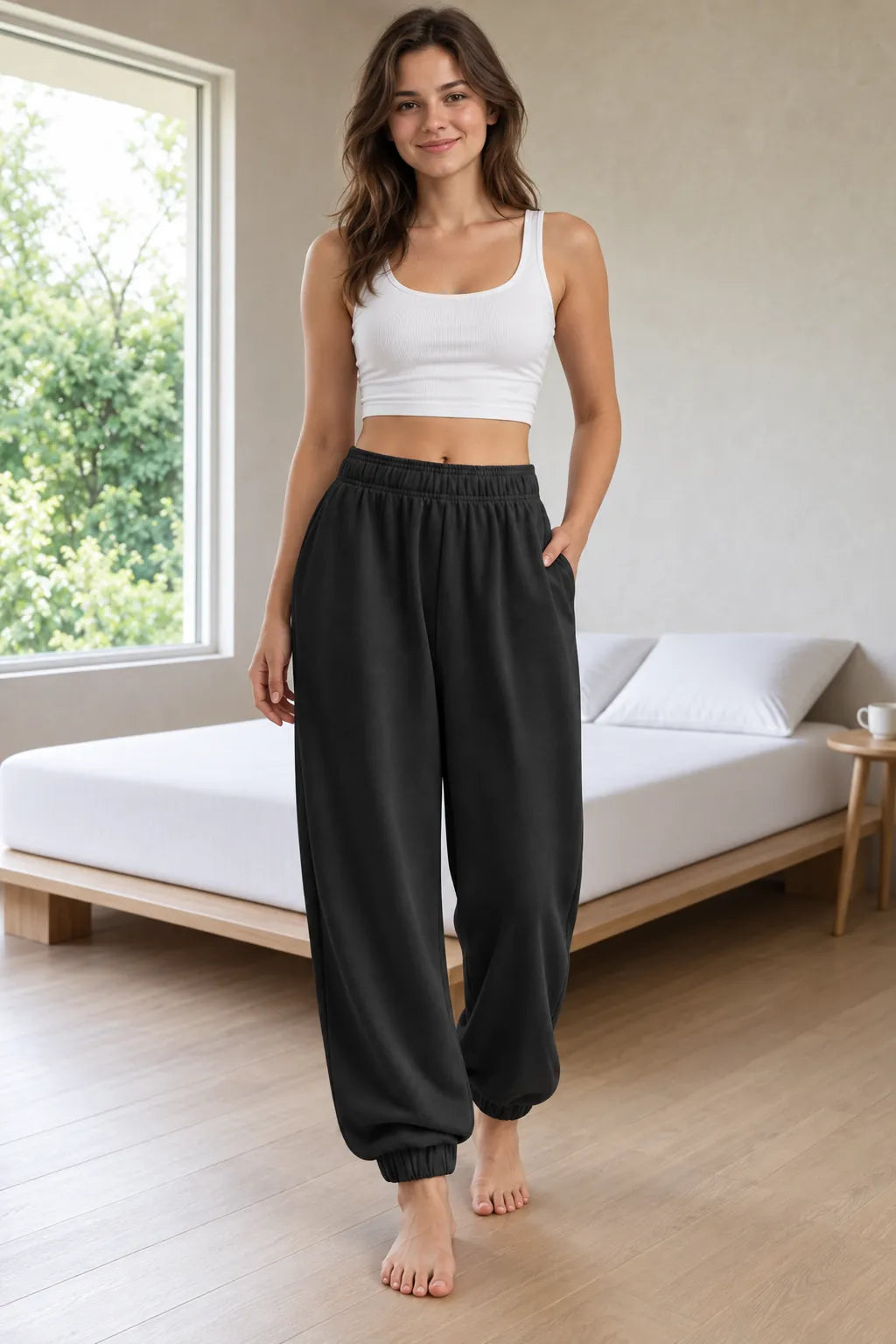 Women's Jogger Sweatpants - High Waist Baggy Lounge Pants with Pockets - Black