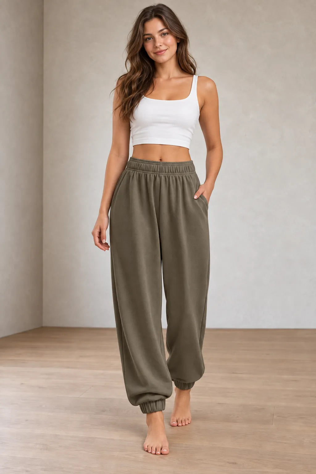 Women's Jogger Sweatpants - High Waist Baggy Lounge Pants with Pockets - Coffee