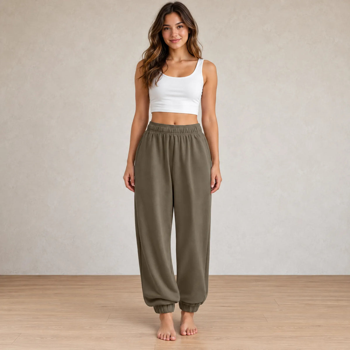 Women's Jogger Sweatpants - High Waist Baggy Lounge Pants with Pockets - Coffee