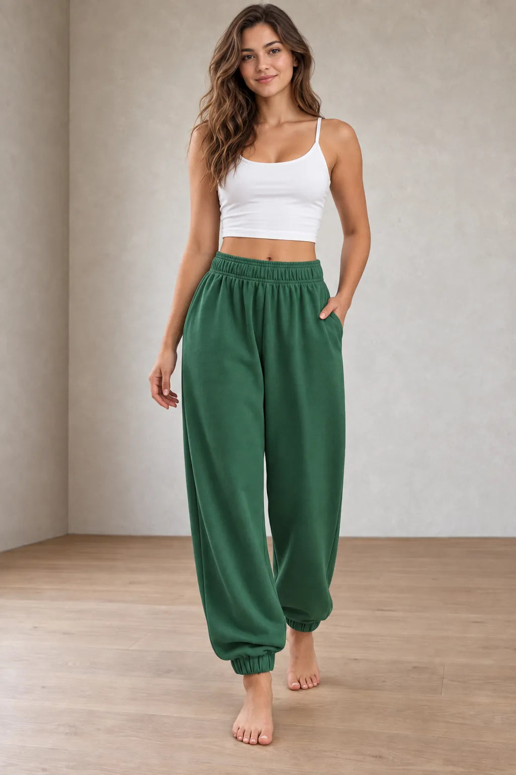 Women's Jogger Sweatpants - High Waist Baggy Lounge Pants with Pockets - Forest Green