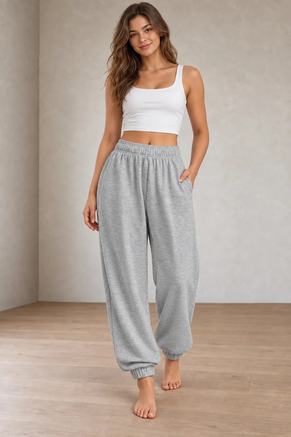 Women's Jogger Sweatpants - High Waist Baggy Lounge Pants with Pockets - Heather Gray