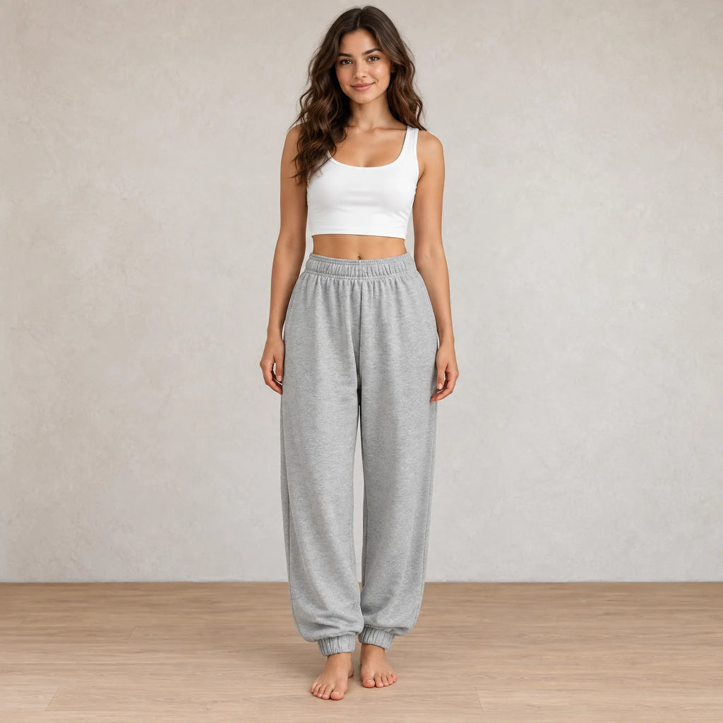 Women's Jogger Sweatpants - High Waist Baggy Lounge Pants with Pockets - Heather Gray