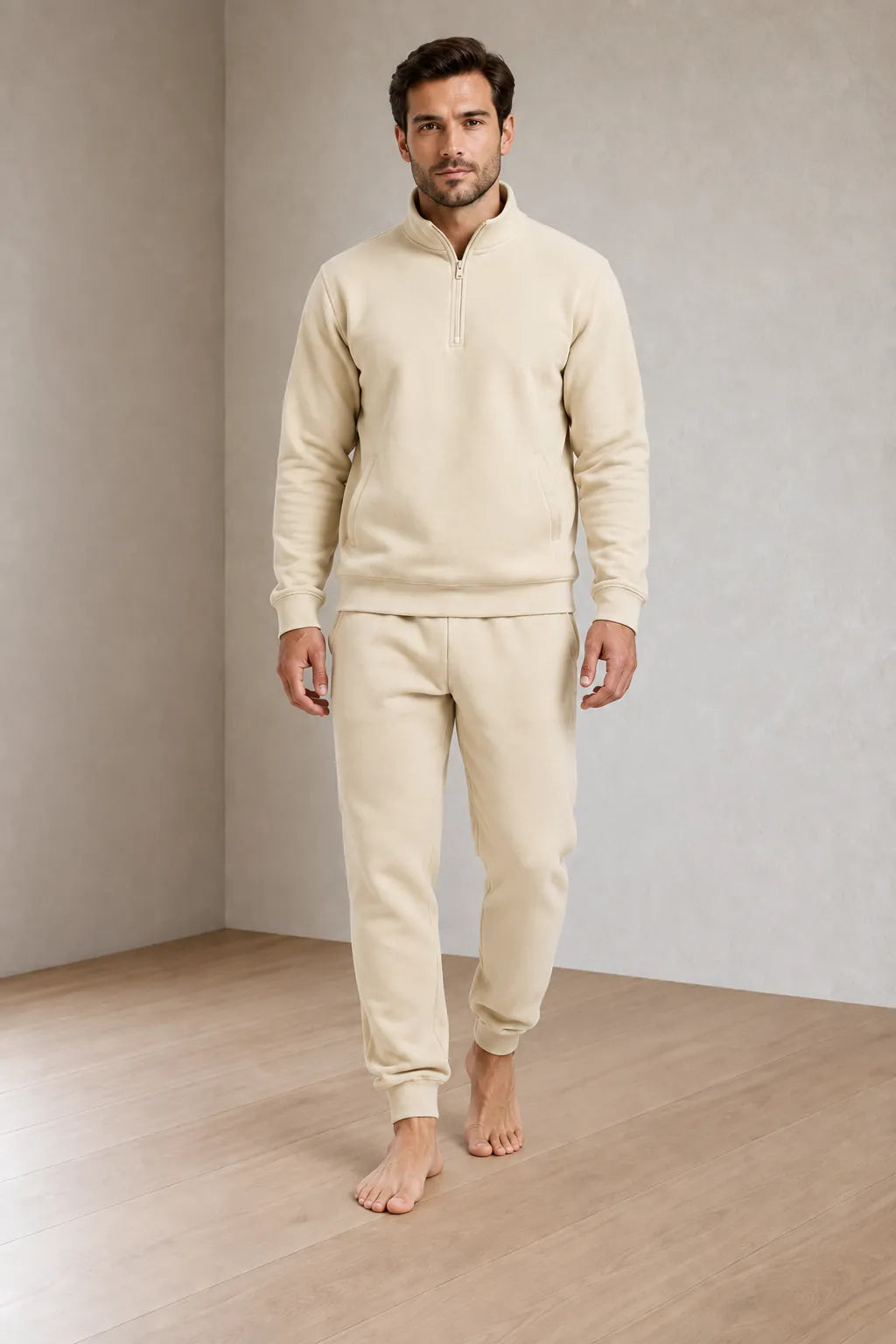 Men's Quarter-Zip Lounge Set - Brushed Fleece Pullover & Tapered Joggers - Beige