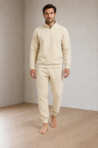 Men's Quarter-Zip Lounge Set - Brushed Fleece Pullover & Tapered Joggers - Beige