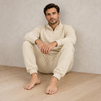 Men's Quarter-Zip Lounge Set - Brushed Fleece Pullover & Tapered Joggers - Beige