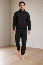 Men's Quarter-Zip Lounge Set - Brushed Fleece Pullover & Tapered Joggers - Black
