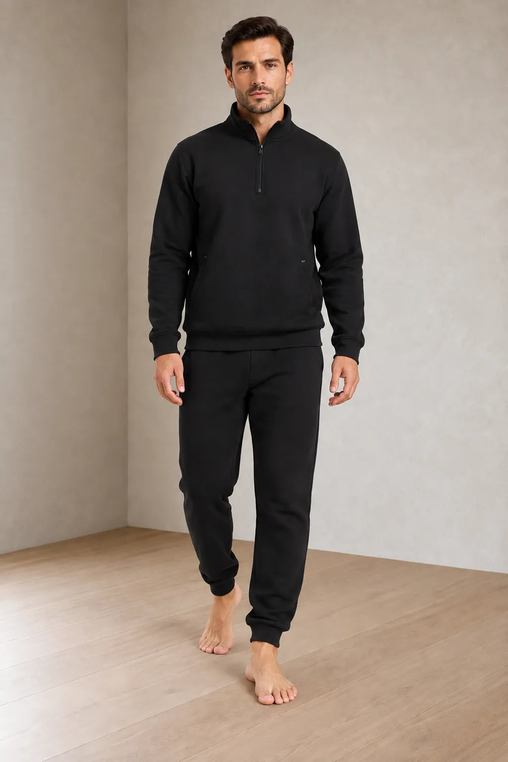 Men's Quarter-Zip Lounge Set - Brushed Fleece Pullover & Tapered Joggers - Black