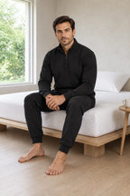 Men's Quarter-Zip Lounge Set - Brushed Fleece Pullover & Tapered Joggers - Black