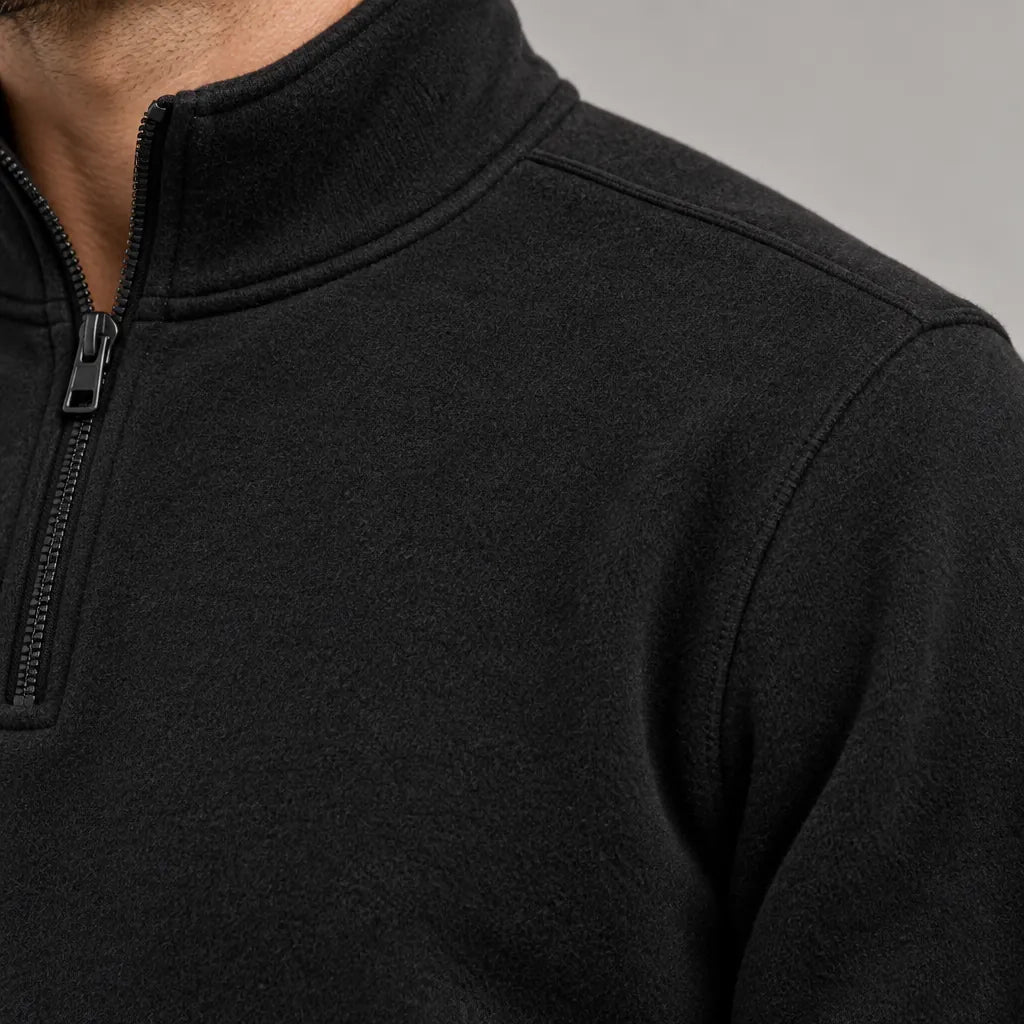 Men's Quarter-Zip Lounge Set - Brushed Fleece Pullover & Tapered Joggers - Black