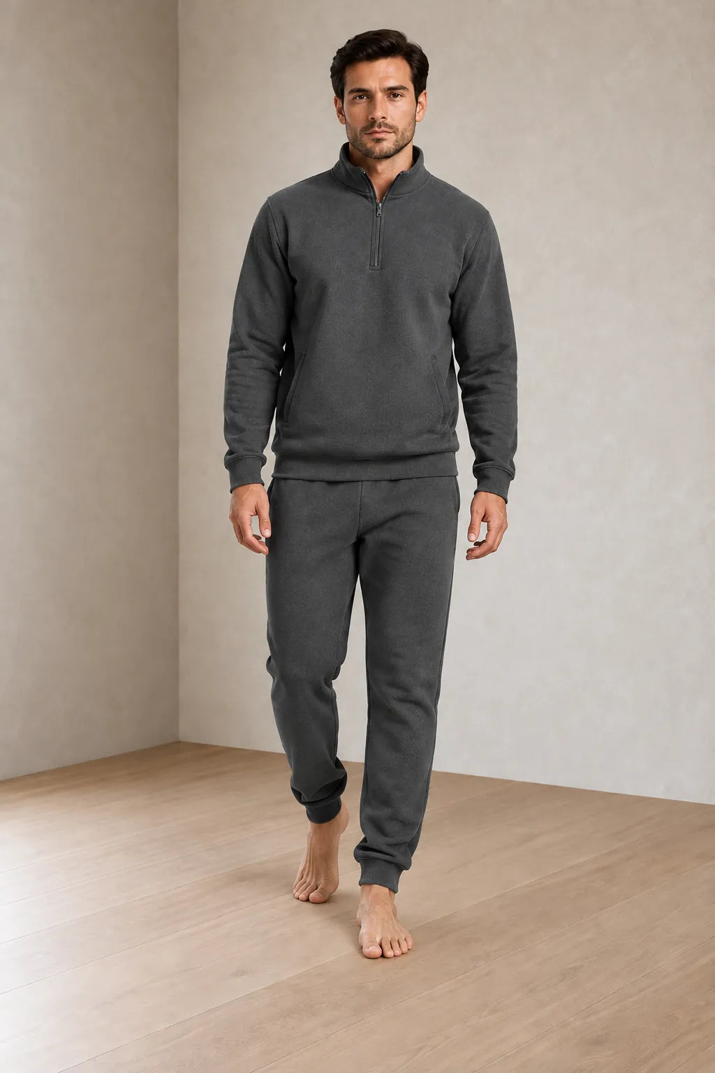 Men's Quarter-Zip Lounge Set - Brushed Fleece Pullover & Tapered Joggers - Charcoal