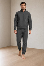 Men's Quarter-Zip Lounge Set - Brushed Fleece Pullover & Tapered Joggers - Charcoal