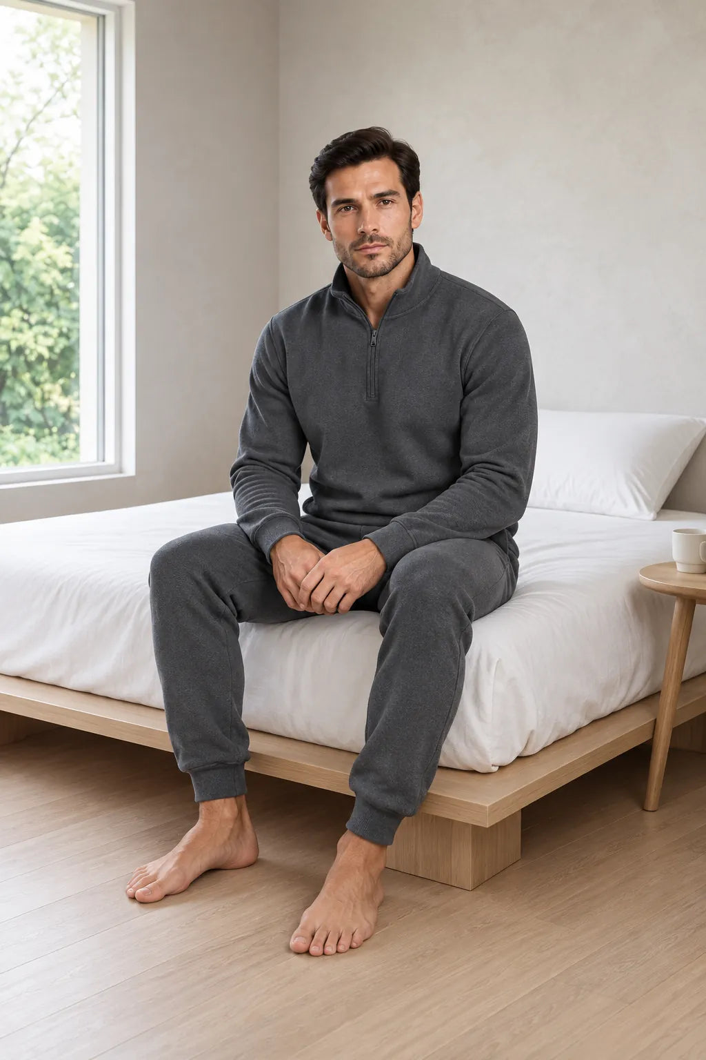 Men's Quarter-Zip Lounge Set - Brushed Fleece Pullover & Tapered Joggers - Charcoal