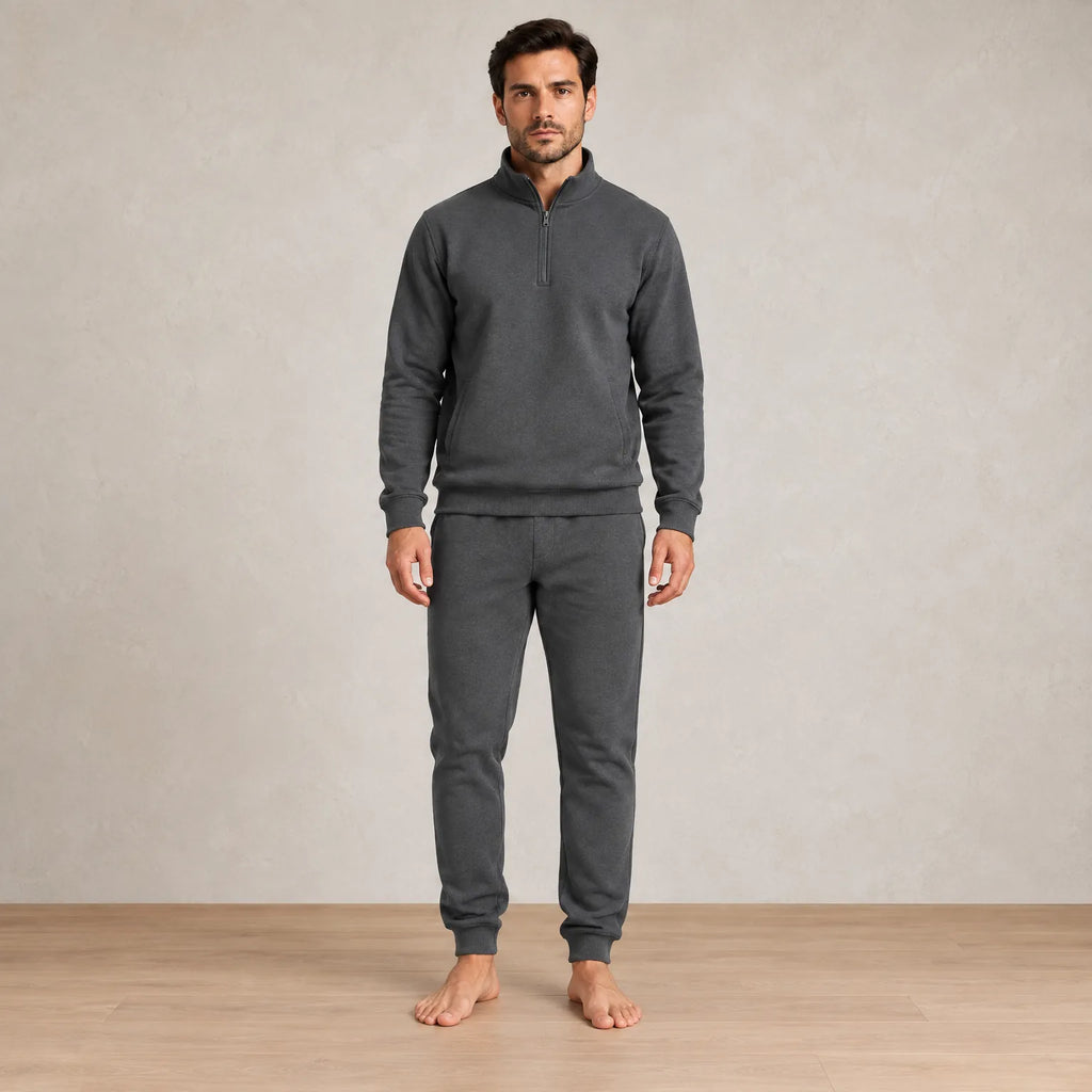 Men's Quarter-Zip Lounge Set - Brushed Fleece Pullover & Tapered Joggers - Charcoal