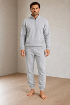 Men's Quarter-Zip Lounge Set - Brushed Fleece Pullover & Tapered Joggers - Heather Gray