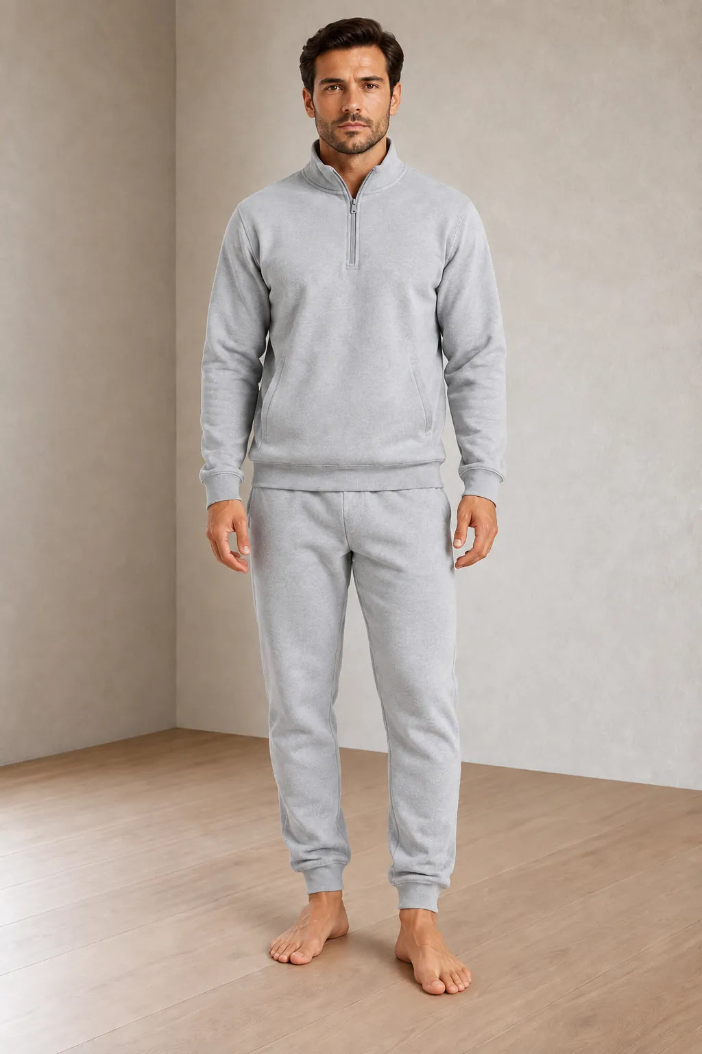 Men's Quarter-Zip Lounge Set - Brushed Fleece Pullover & Tapered Joggers - Heather Gray