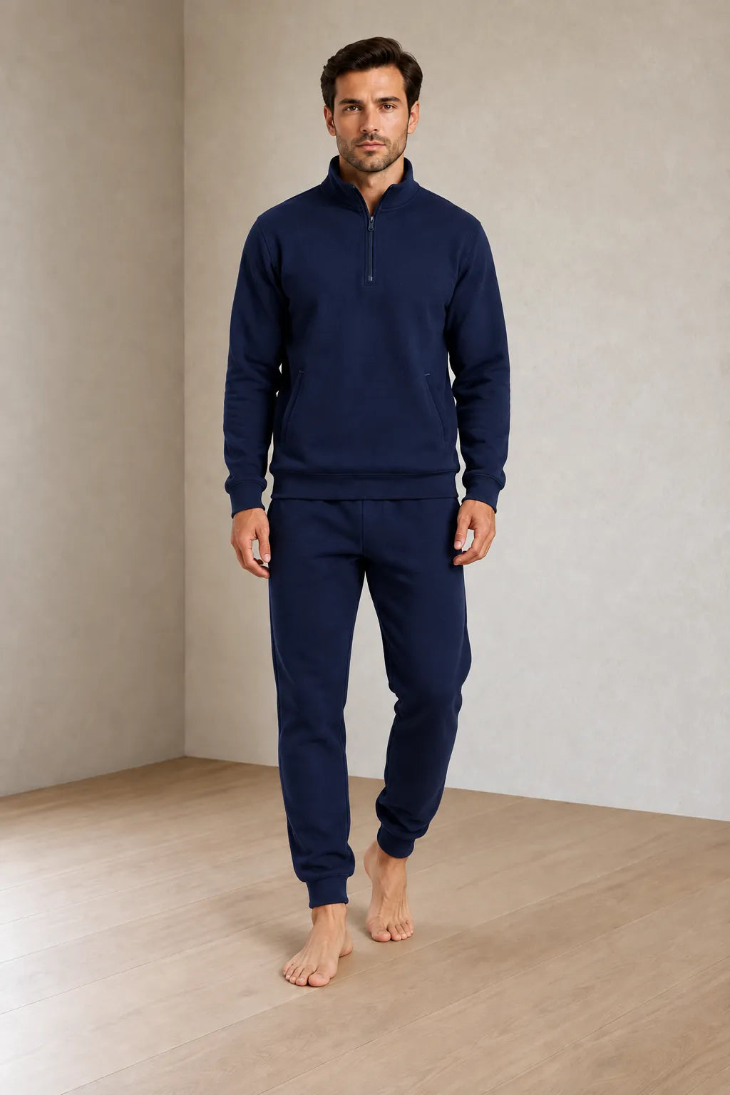 Men's Quarter-Zip Lounge Set - Brushed Fleece Pullover & Tapered Joggers - Navy