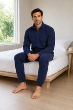 Men's Quarter-Zip Lounge Set - Brushed Fleece Pullover & Tapered Joggers - Navy