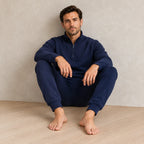 Men's Quarter-Zip Lounge Set - Brushed Fleece Pullover & Tapered Joggers - Navy