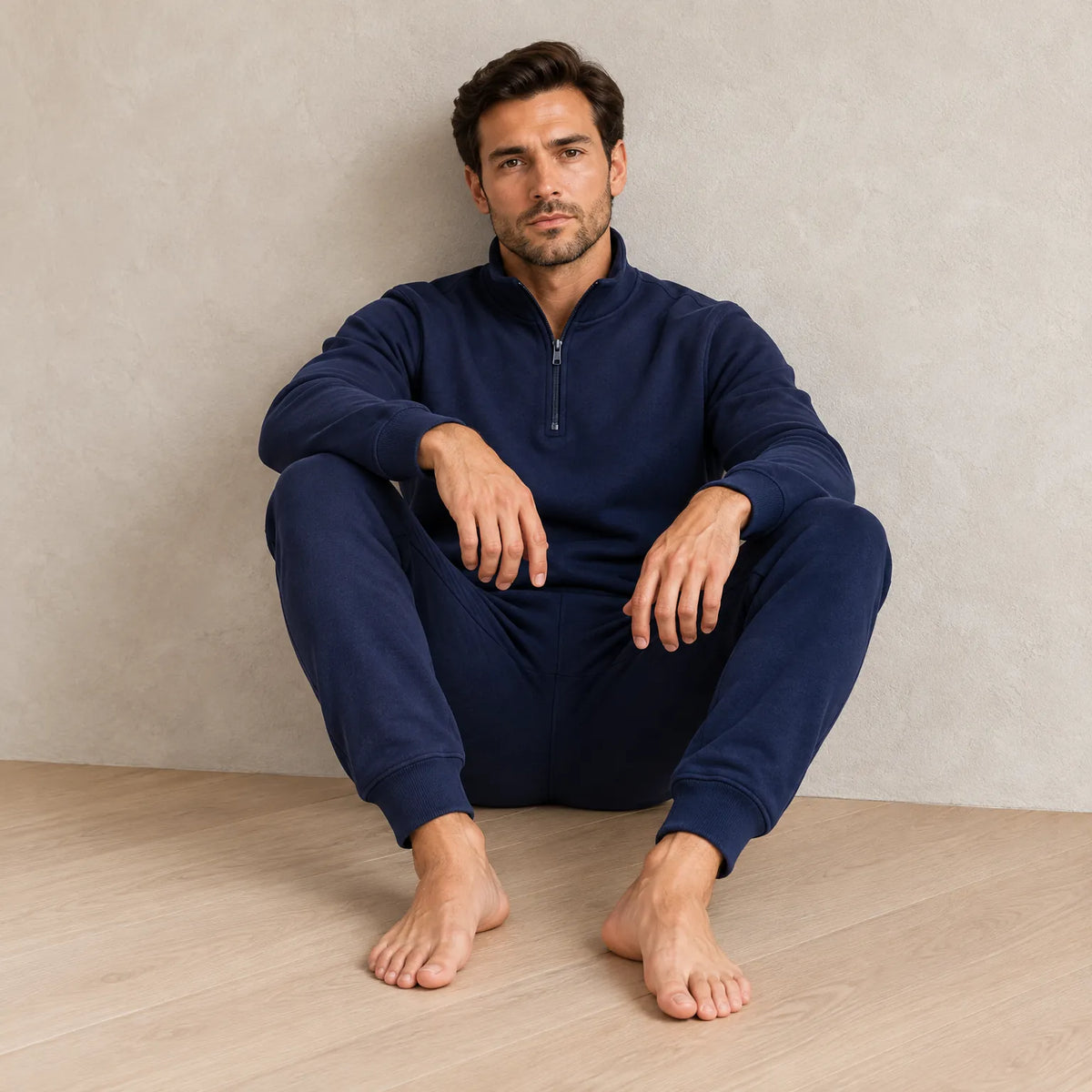 Men's Quarter-Zip Lounge Set - Brushed Fleece Pullover & Tapered Joggers - Navy