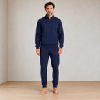Men's Quarter-Zip Lounge Set - Brushed Fleece Pullover & Tapered Joggers - Navy