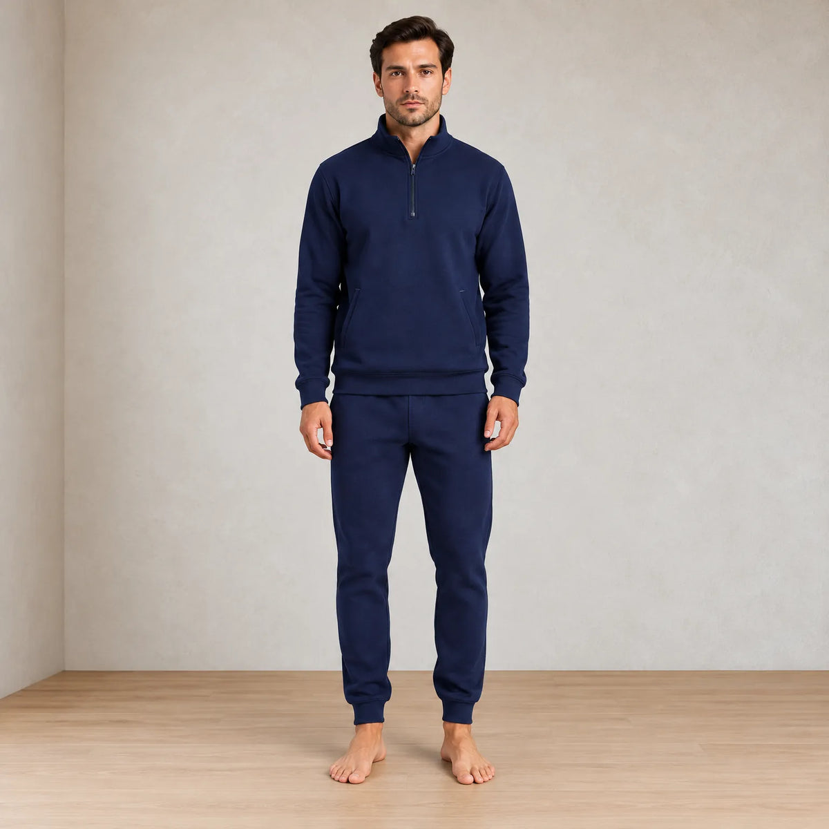 Men's Quarter-Zip Lounge Set - Brushed Fleece Pullover & Tapered Joggers - Navy