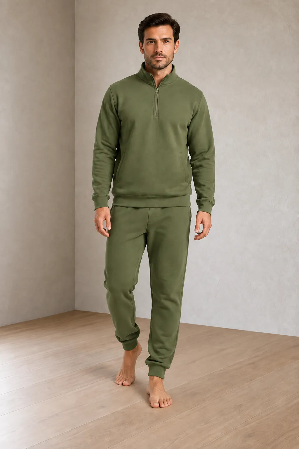 Men's Quarter-Zip Lounge Set - Brushed Fleece Pullover & Tapered Joggers - Olive
