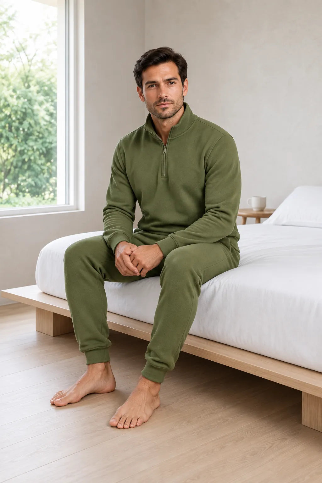 Men's Quarter-Zip Lounge Set - Brushed Fleece Pullover & Tapered Joggers - Olive