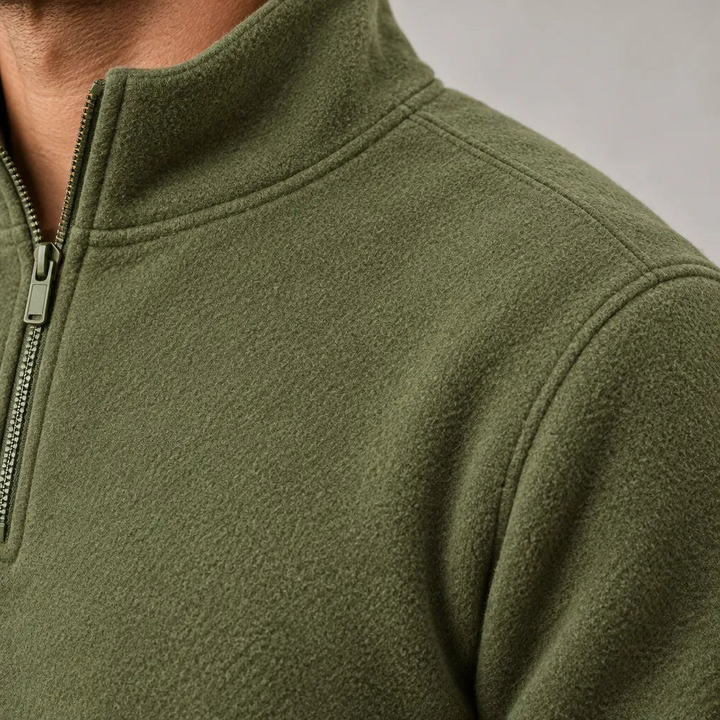 Men's Quarter-Zip Lounge Set - Brushed Fleece Pullover & Tapered Joggers - Olive