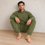 Men's Quarter-Zip Lounge Set - Brushed Fleece Pullover & Tapered Joggers - Olive