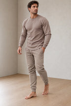 Men's Two-Piece Lounge Set - Long Sleeve Top & Tapered Joggers with Ribbed Cuffs - Beige