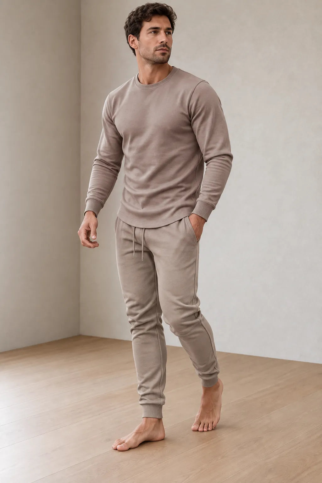 Men's Two-Piece Lounge Set - Long Sleeve Top & Tapered Joggers with Ribbed Cuffs - Beige