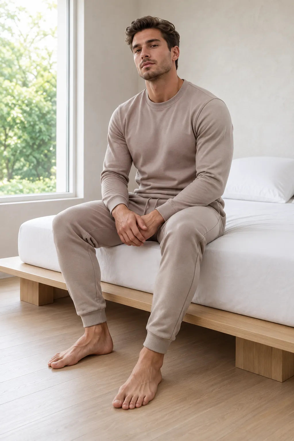 Men's Two-Piece Lounge Set - Long Sleeve Top & Tapered Joggers with Ribbed Cuffs - Beige