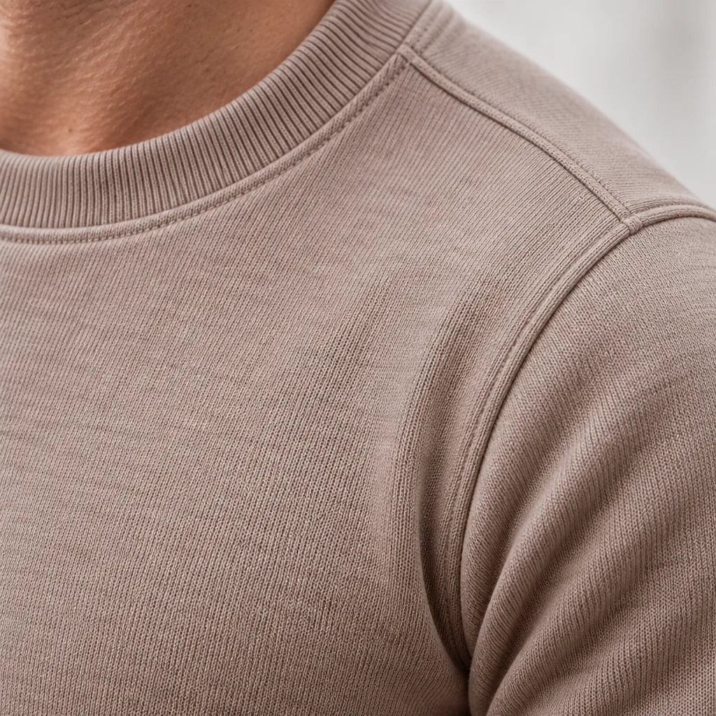 Men's Two-Piece Lounge Set - Long Sleeve Top & Tapered Joggers with Ribbed Cuffs - Beige