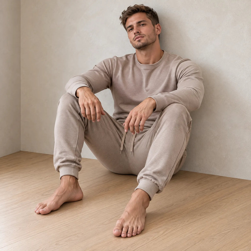Men's Two-Piece Lounge Set - Long Sleeve Top & Tapered Joggers with Ribbed Cuffs - Beige