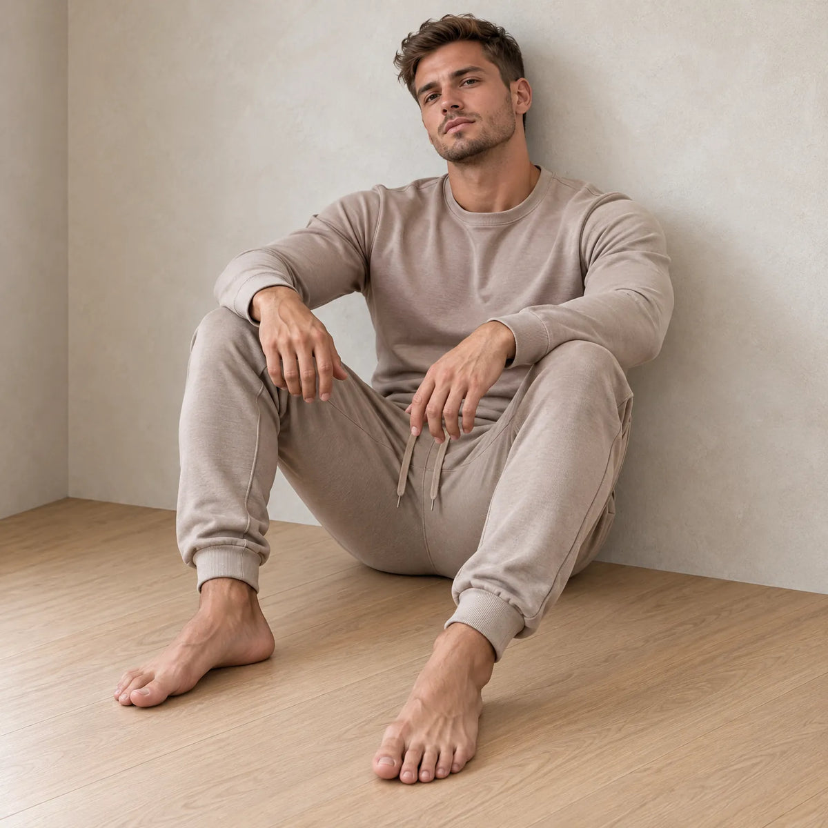 Men's Two-Piece Lounge Set - Long Sleeve Top & Tapered Joggers with Ribbed Cuffs - Beige