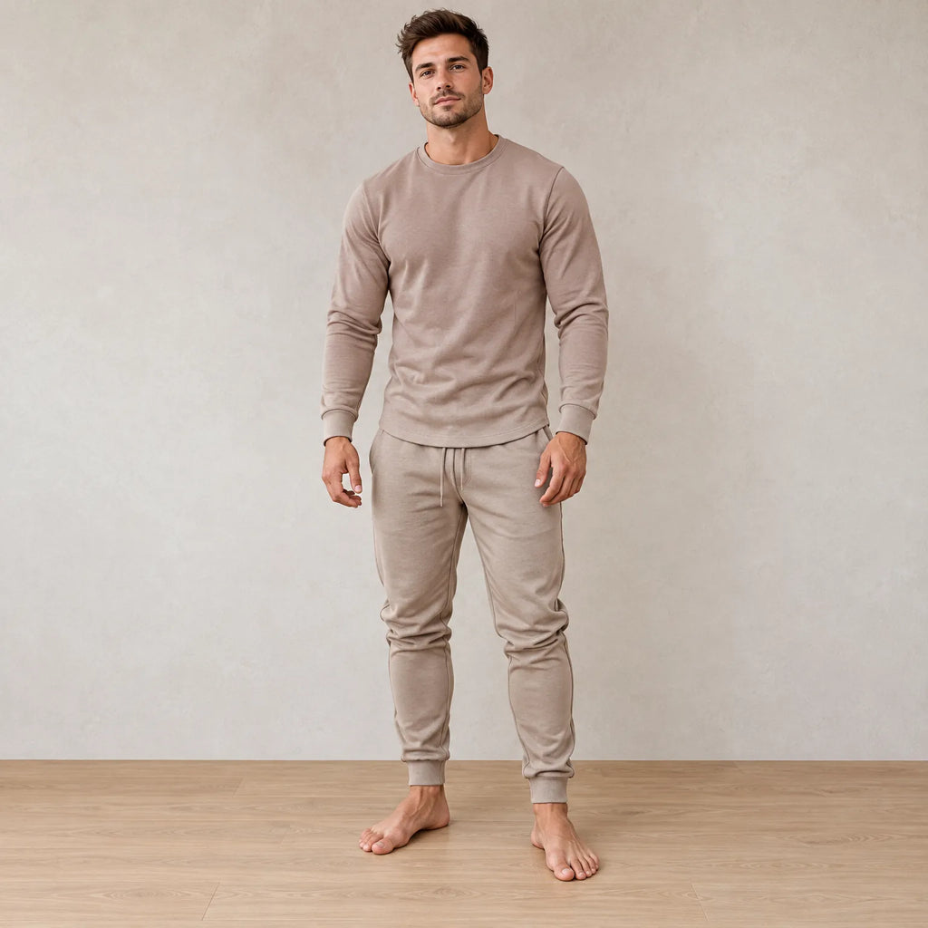 Men's Two-Piece Lounge Set - Long Sleeve Top & Tapered Joggers with Ribbed Cuffs - Beige
