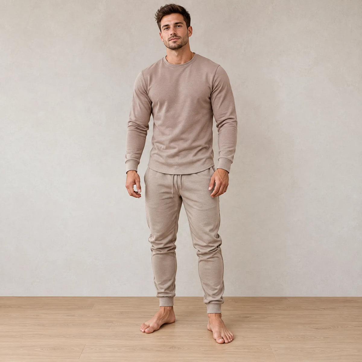 Men's Two-Piece Lounge Set - Long Sleeve Top & Tapered Joggers with Ribbed Cuffs - Beige