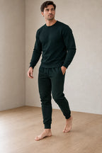 Men's Two-Piece Lounge Set - Long Sleeve Top & Tapered Joggers with Ribbed Cuffs - Black