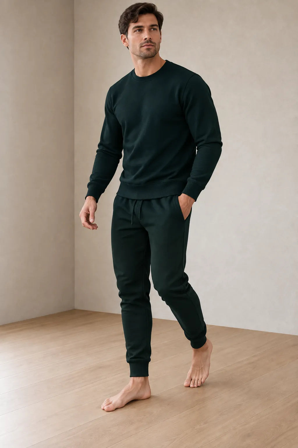 Men's Two-Piece Lounge Set - Long Sleeve Top & Tapered Joggers with Ribbed Cuffs - Black
