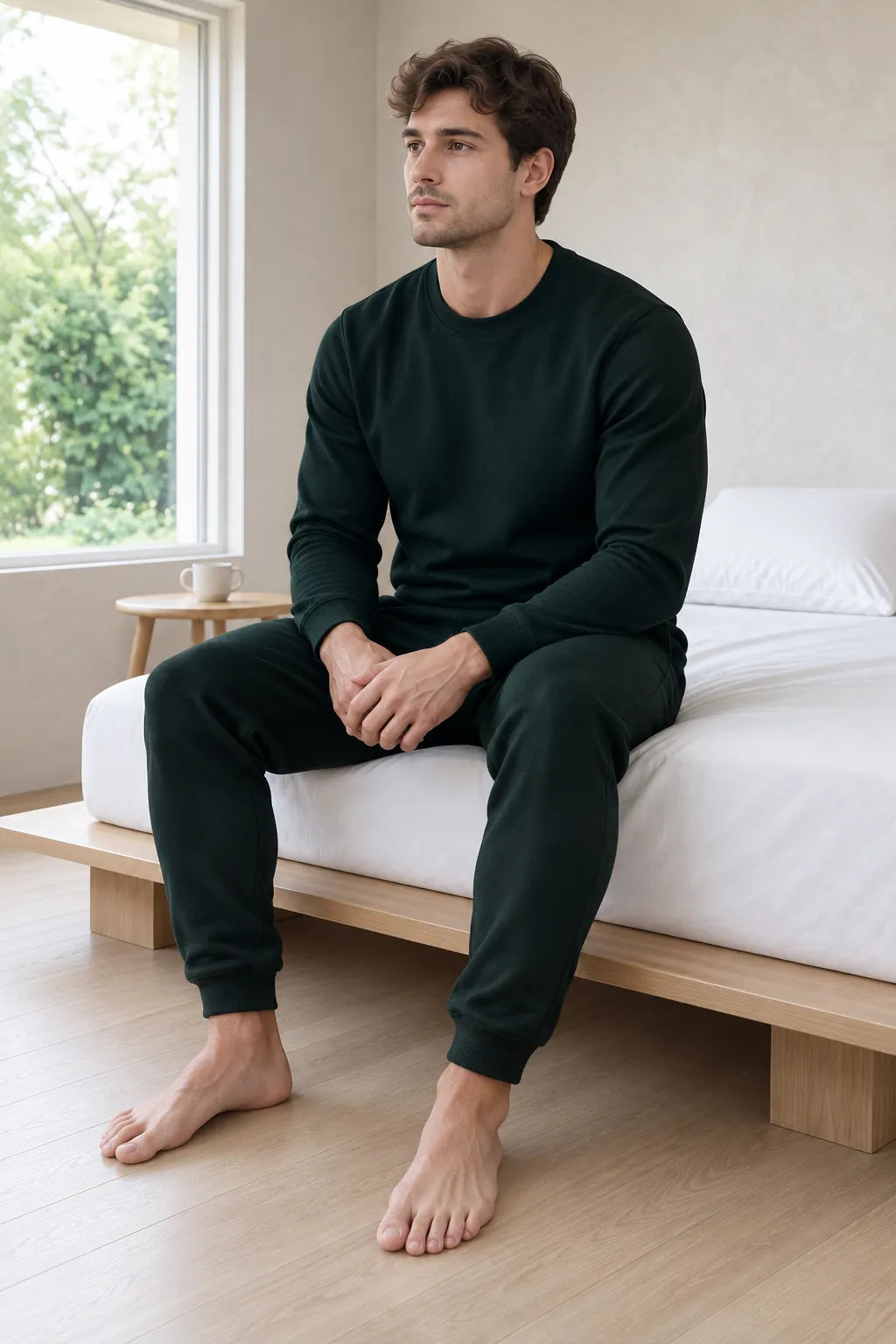 Men's Two-Piece Lounge Set - Long Sleeve Top & Tapered Joggers with Ribbed Cuffs - Black