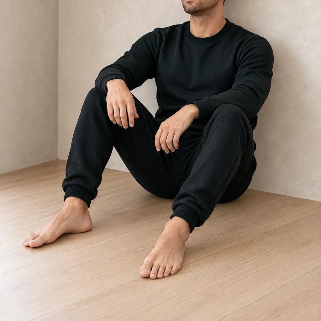 Men's Two-Piece Lounge Set - Long Sleeve Top & Tapered Joggers with Ribbed Cuffs - Black