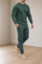 Men's Two-Piece Lounge Set - Long Sleeve Top & Tapered Joggers with Ribbed Cuffs - Forest Green
