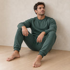 Men's Two-Piece Lounge Set - Long Sleeve Top & Tapered Joggers with Ribbed Cuffs - Forest Green