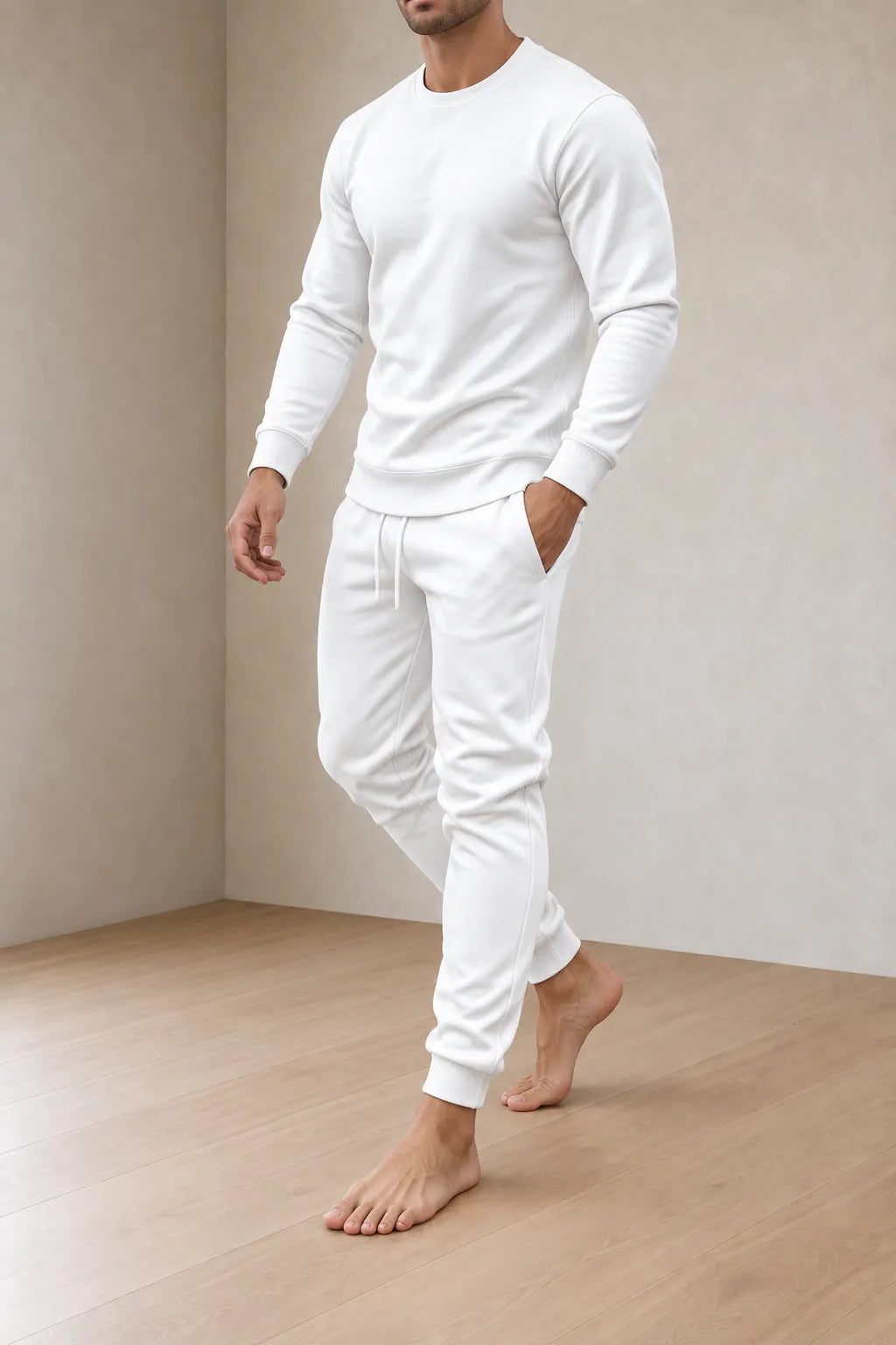 Men's Two-Piece Lounge Set - Long Sleeve Top & Tapered Joggers with Ribbed Cuffs - White