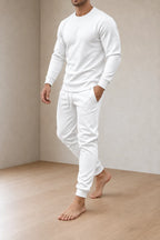 Men's Two-Piece Lounge Set - Long Sleeve Top & Tapered Joggers with Ribbed Cuffs - White