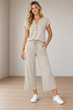 Women's Henley Lounge Set - Short Sleeve V-Neck Top & Cropped Wide-Leg Pants - Beige